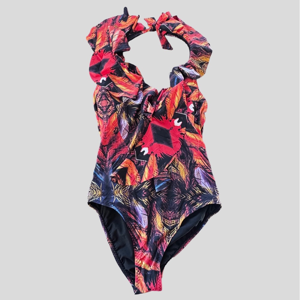 Red Carter Bird of Paradise Ruffle Halter One Piece Swimsuit Tropical